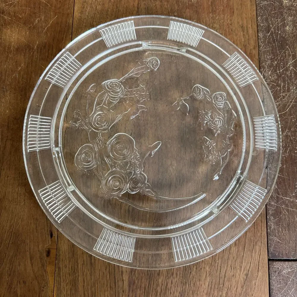 Federal Glass Vintage Pressed Glass Floral Rose Design Cake Dessert Footed Plate